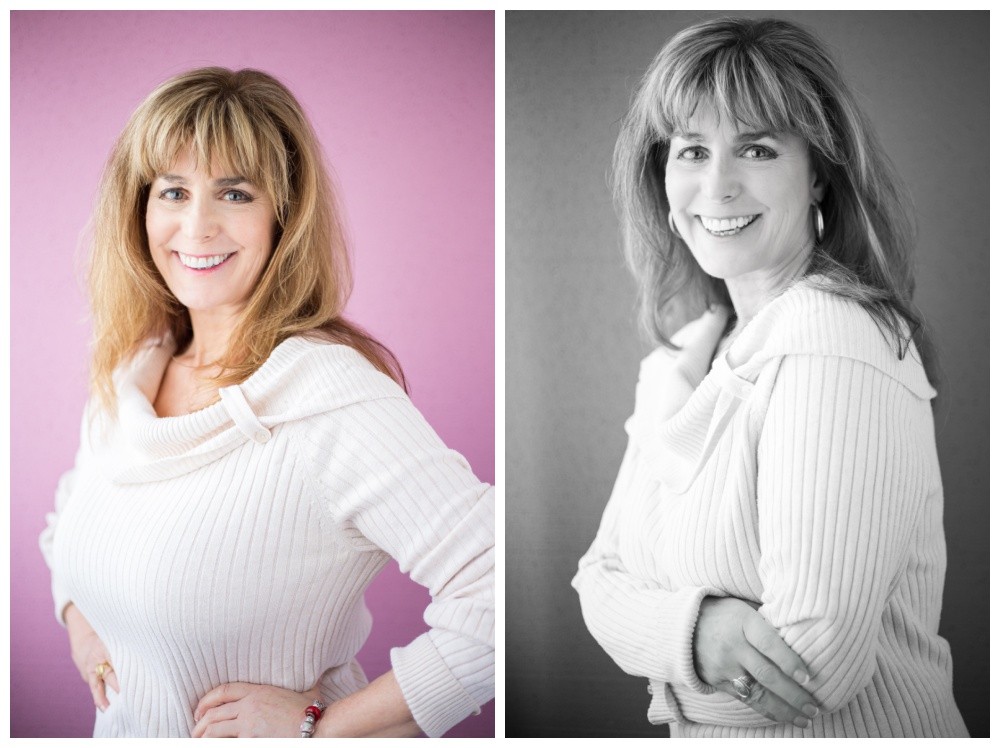 Headshots of a woman on a pink background 