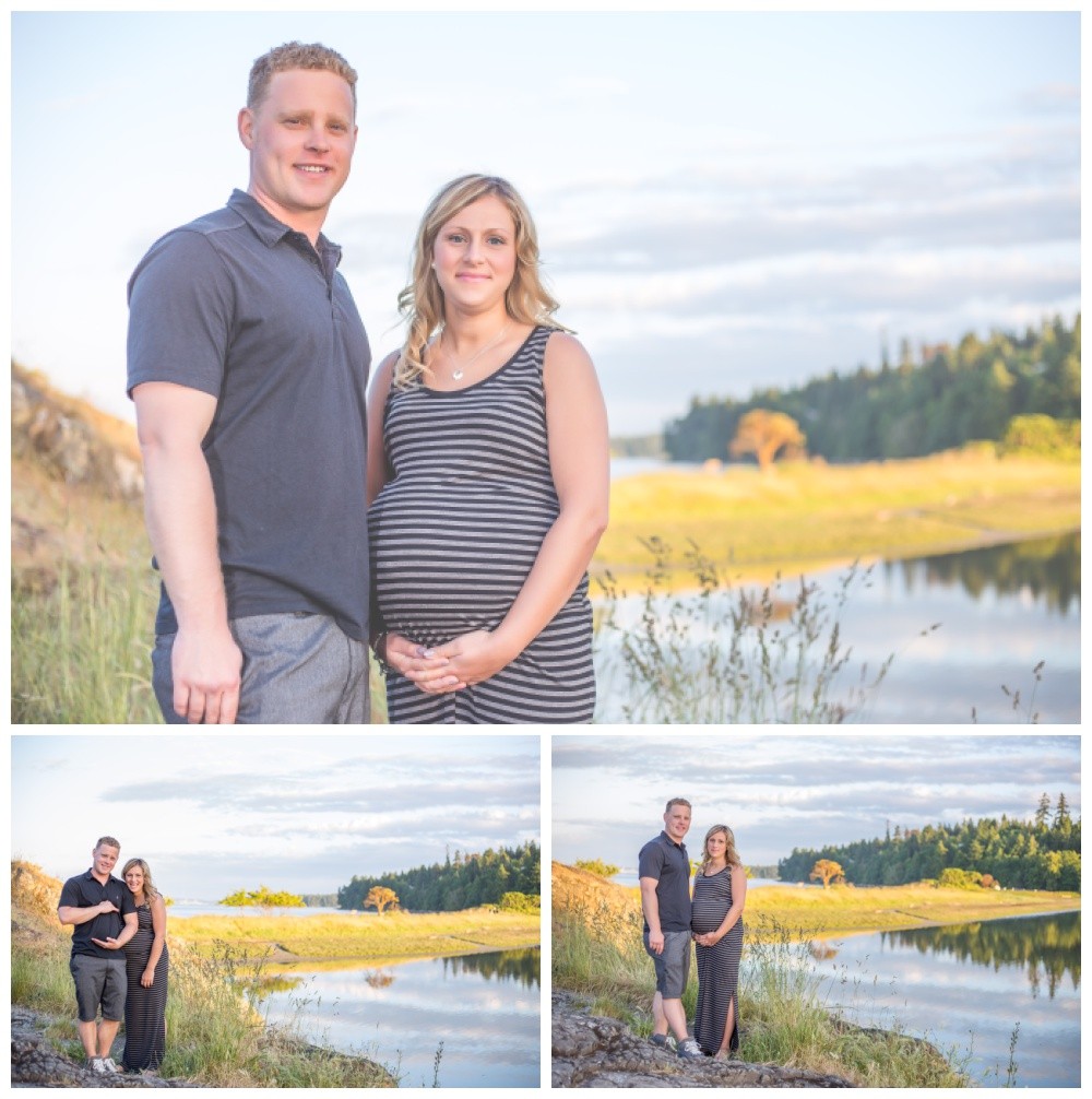 couple poses for maternity photos at nanaimo neck point park