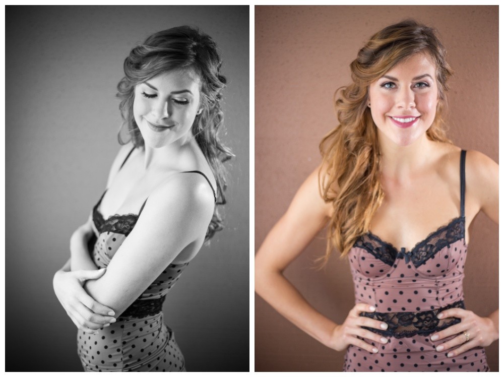 Woman poses for boudoir session in a polkadot slip