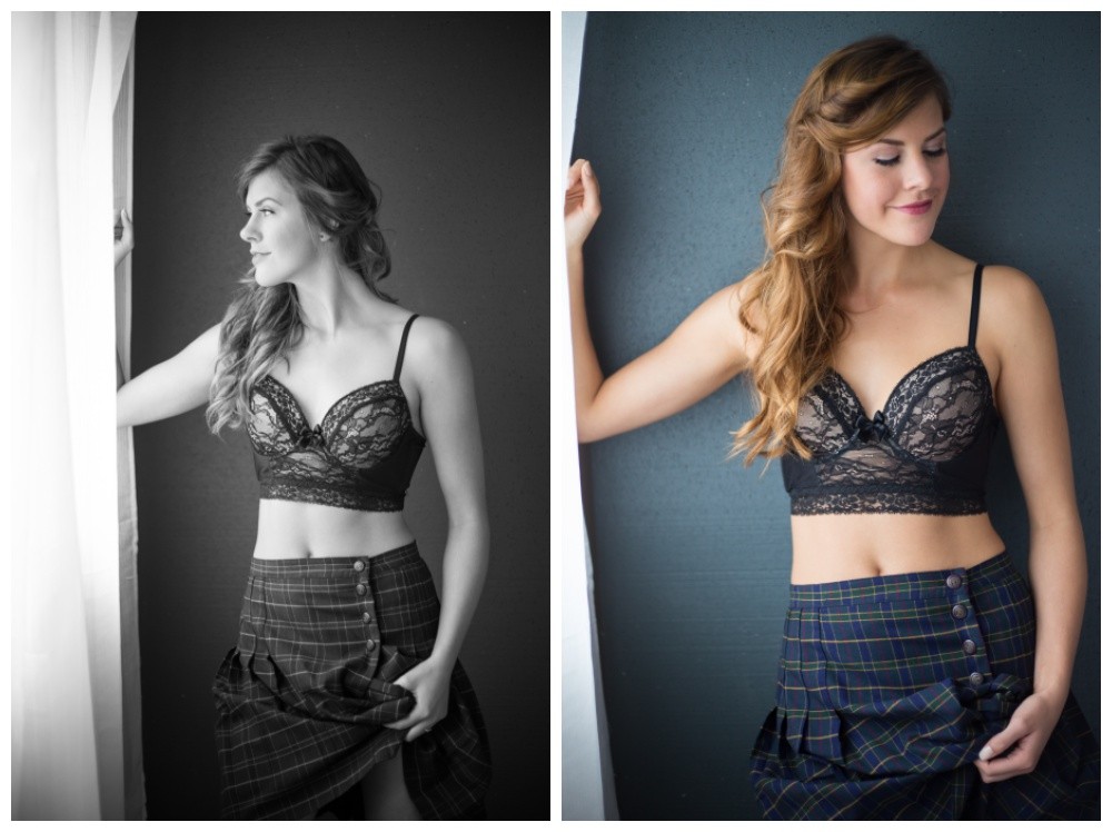 Standing boudoir photos in a kilt and lace bra