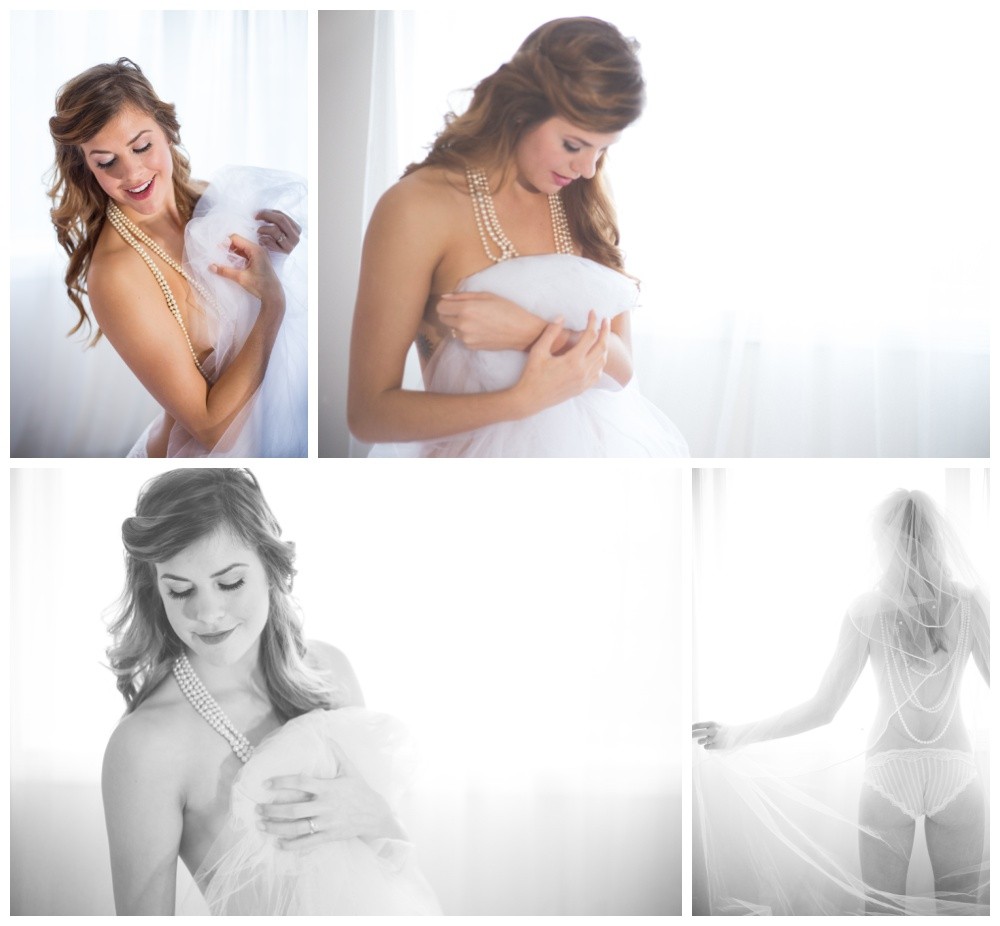 Bridal boudoir photos of a woman wrapped in white fabric