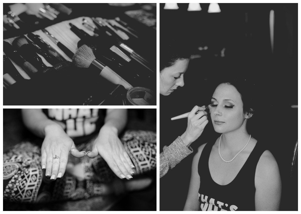 Black and white images of wedding prep and bride getting ready