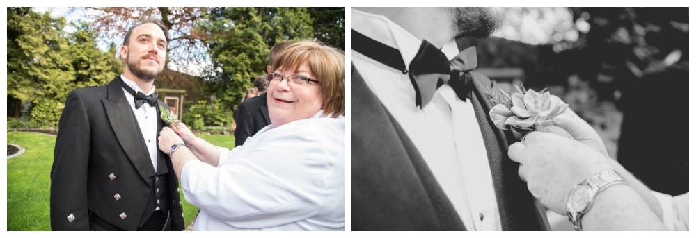 Mother of the groom helps with the boutonniere 