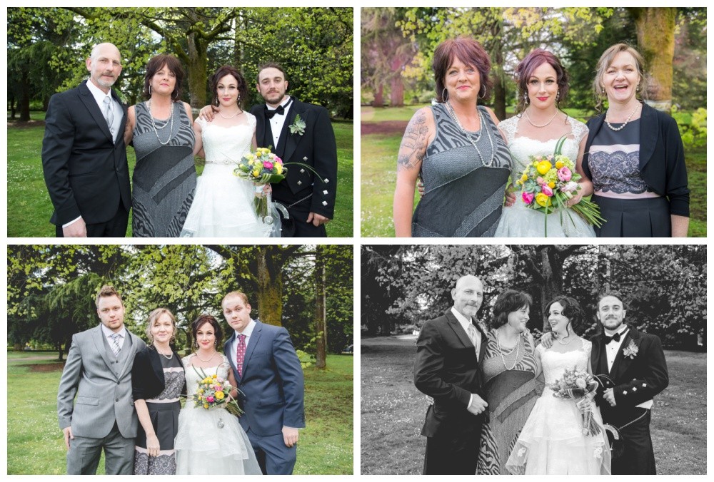 Bride and groom pose for photos with their family