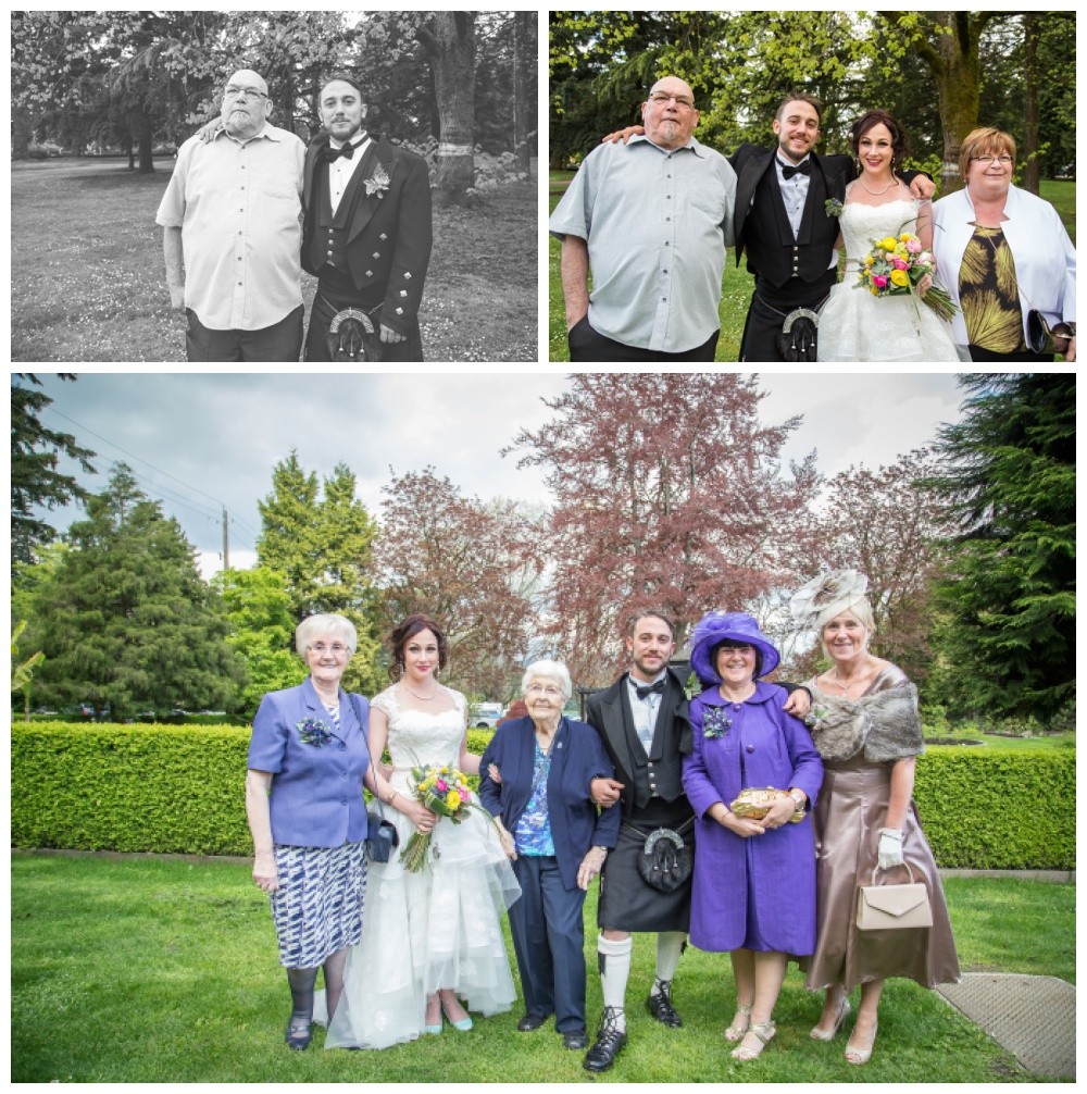 Groom and family pose for family photos 