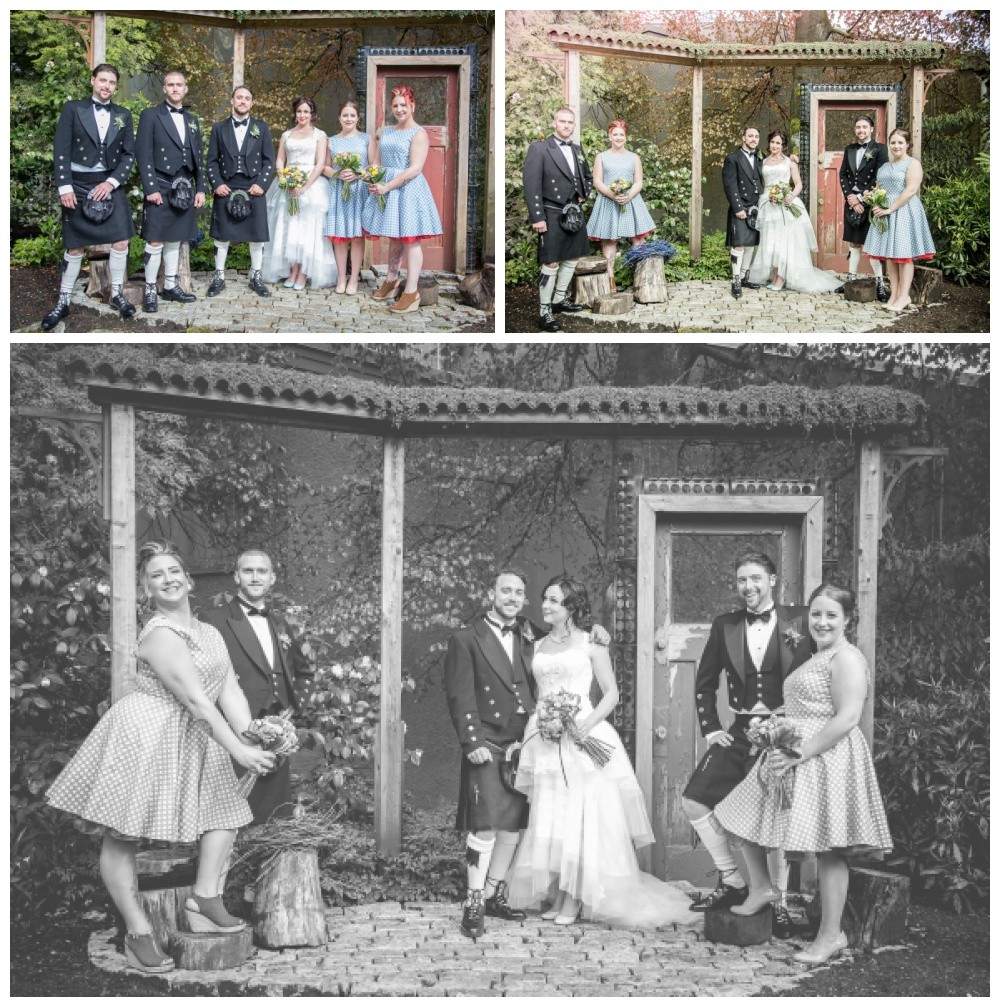 Wedding party pose for photos at Queens Park in New West 