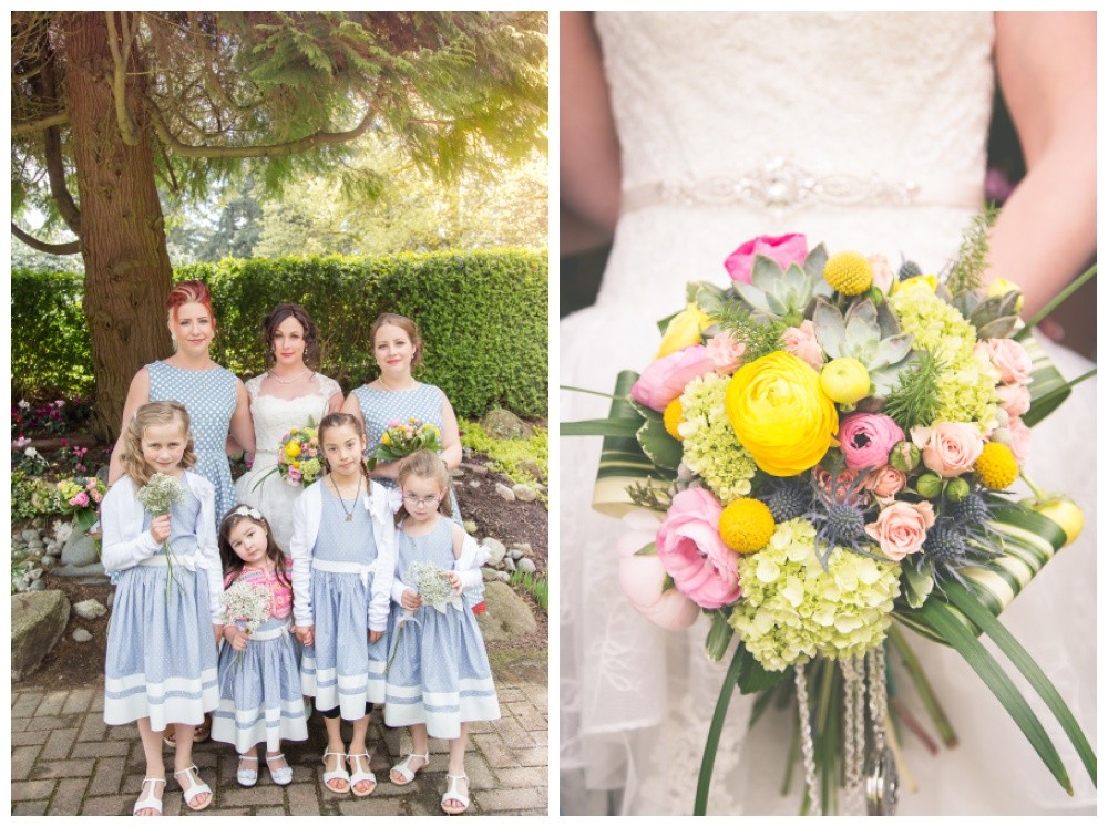 Bridesmaids and bouquet at New West wedding in Queens Park 