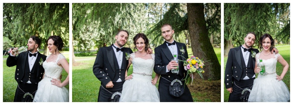 Bride with groom and groomsmen having a drink 