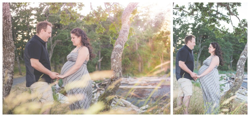 Sunset maternity photos of a couple in long grass at nanaimo park 