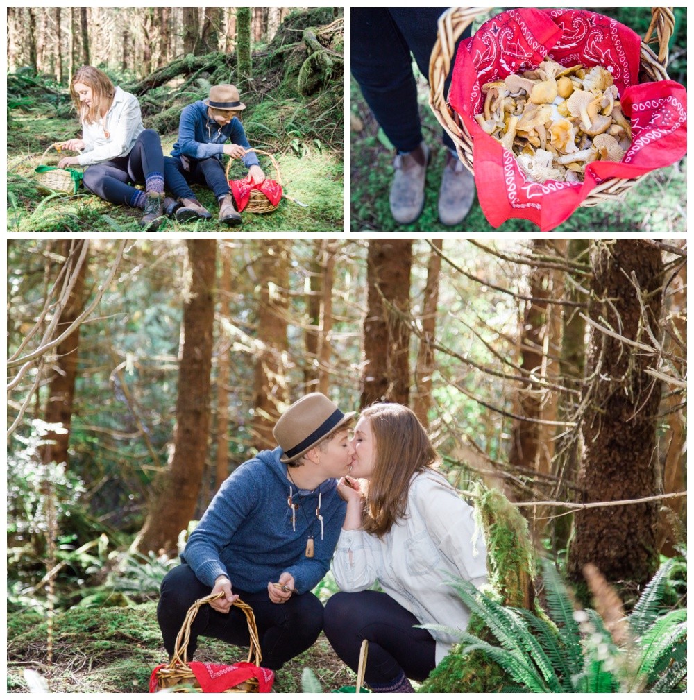 Lesbian couple's tofino forest mushroom picking engagement session 