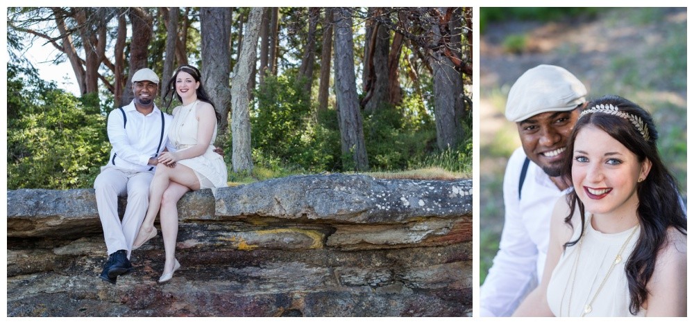 Mixed race couple poses for engagement photos in Nanoose Bay 