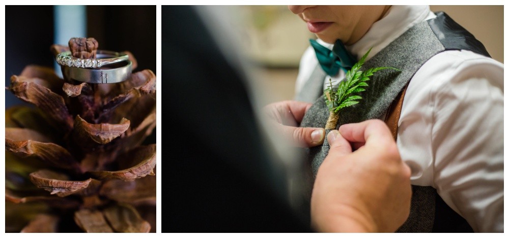 Woman gets her fern boutonniere pinned on