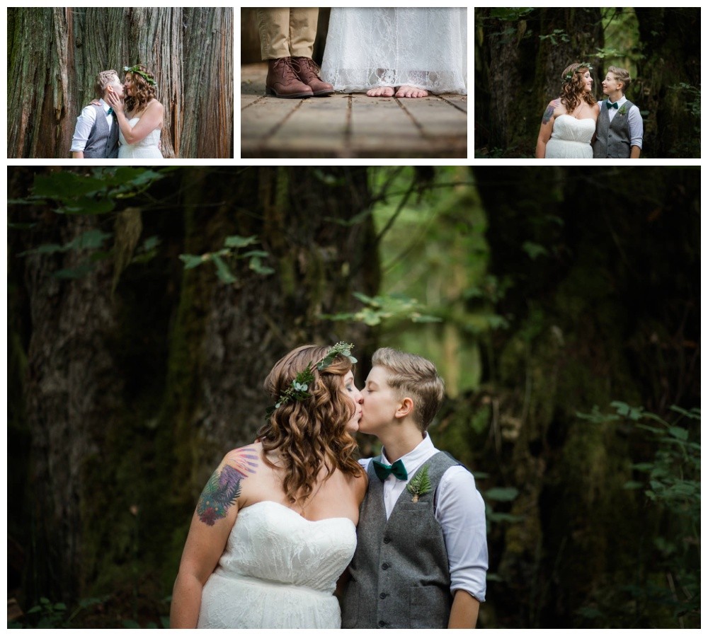 LGBT couple pose for their wedding photos in the forest at Cheakamus centre