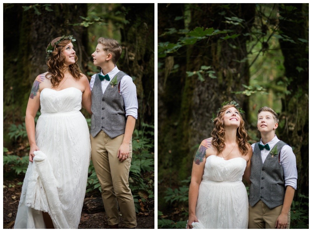 Lesbian couple's wedding photos in the forest - Vancouver Island same sex weddings