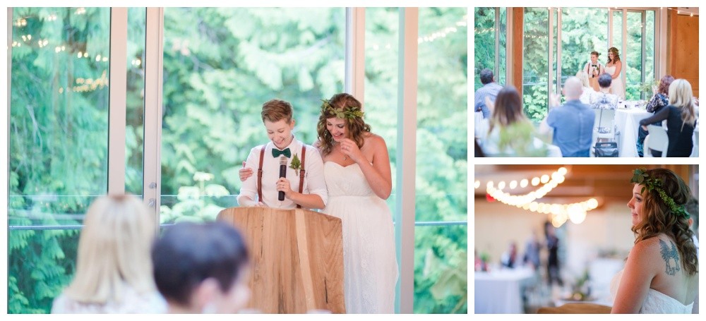 Brides give a speech at their forest wedding at Cheakamus Centre