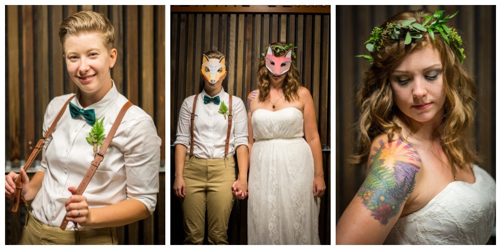 Forest creature masks and brides at the end of their wedding 