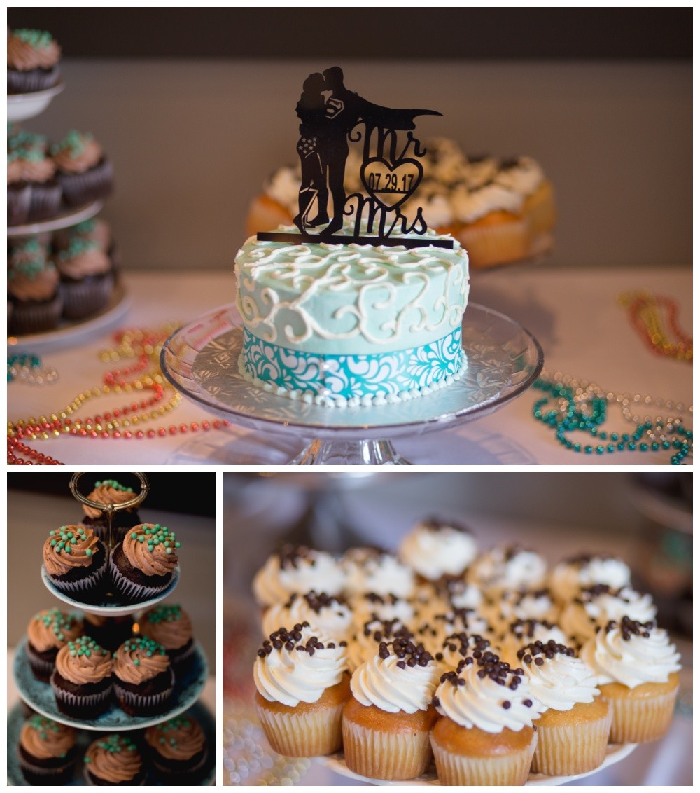 Wedding cake and cupcakes with superman topper