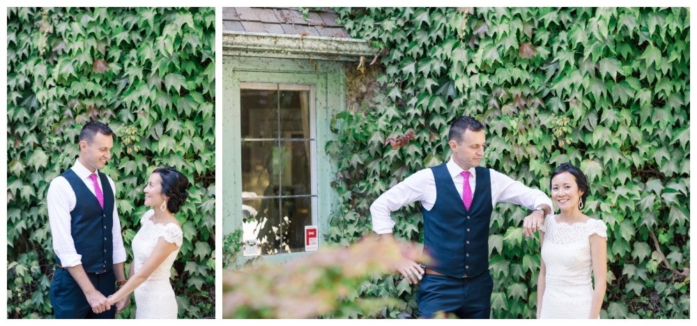 Bride and groom in front of Qualicum's intimate wedding venue, Milner Gardens