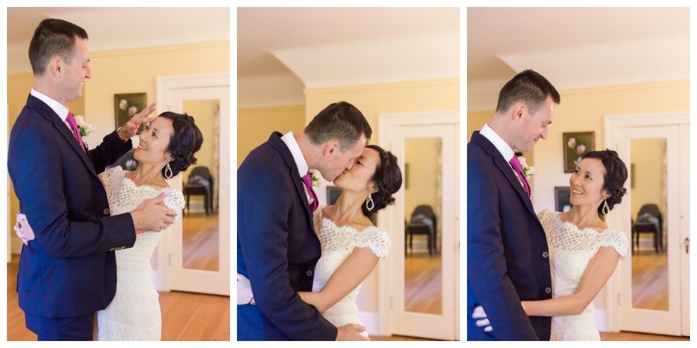 Bride and groom embrace before their wedding ceremony at Milner Gardens